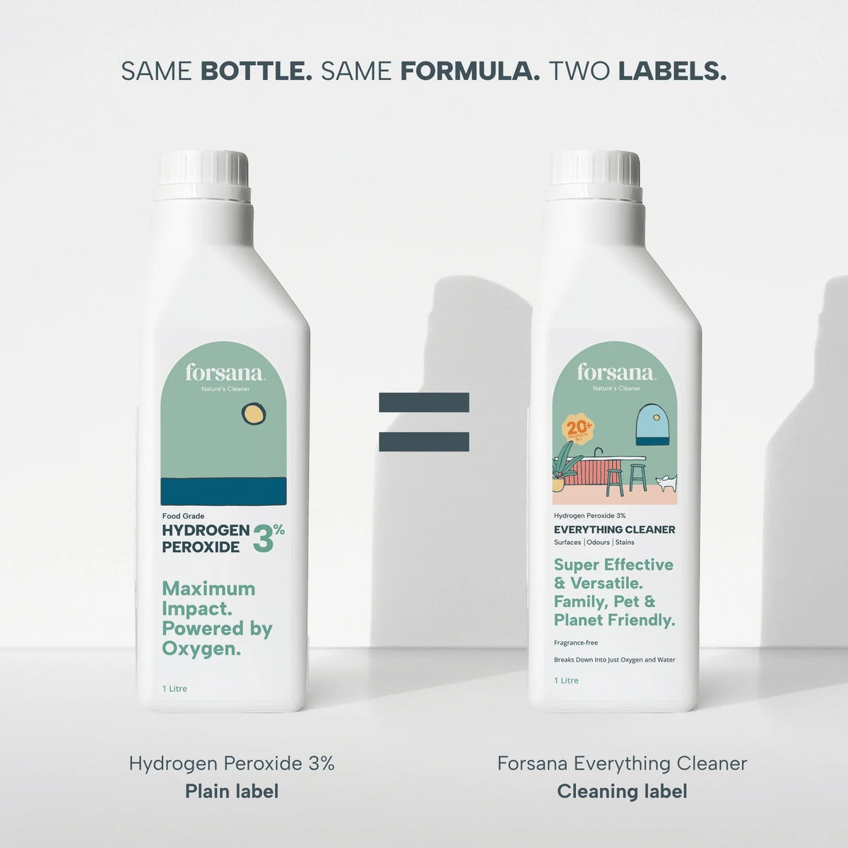 Forsana Hydrogen Peroxide 3% and Everything Cleaner: same bottle, same formula, two labels