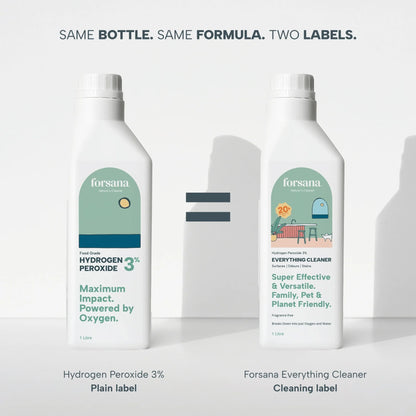Forsana Hydrogen Peroxide 3% and Everything Cleaner: same bottle, same formula, two labels