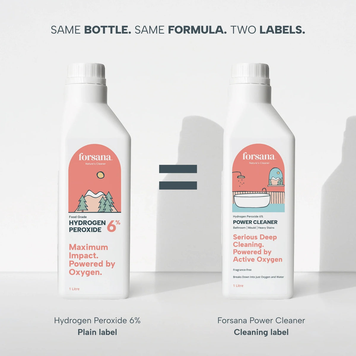 Forsana Hydrogen Peroxide 6% and Power Cleaner: same bottle, same formula, two labels