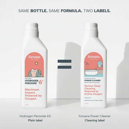 Forsana Hydrogen Peroxide 6% and Power Cleaner: same bottle, same formula, two labels
