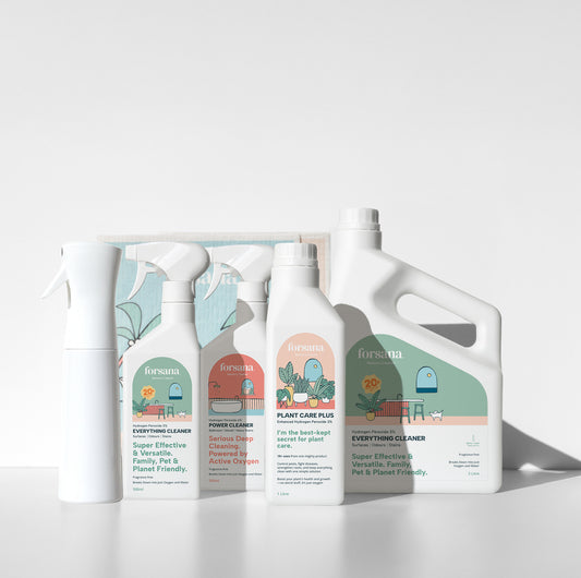 Forsana cleaning and plant care bundle with spray mister, Everything Cleaner and Power Cleaner sprays, Plant Care Plus, 3 litre refill and reusable cloths