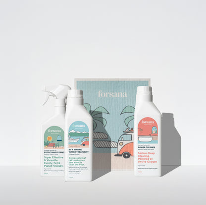 Forsana complete motorhome hygiene bundle with Everything Cleaner spray, RV & Marine Water Treatment, Power Cleaner 1 litre and a reusable campervan-print cloth