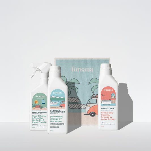 Forsana complete motorhome hygiene bundle with Everything Cleaner spray, RV & Marine Water Treatment, Power Cleaner 1 litre and a reusable campervan-print cloth