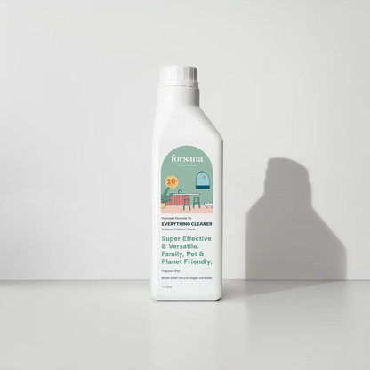 Forsana Everything Cleaner, 3
percent hydrogen peroxide spray
bottle, front view.