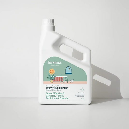 Forsana Everything Cleaner, 3
percent hydrogen peroxide spray
bottle, front view.