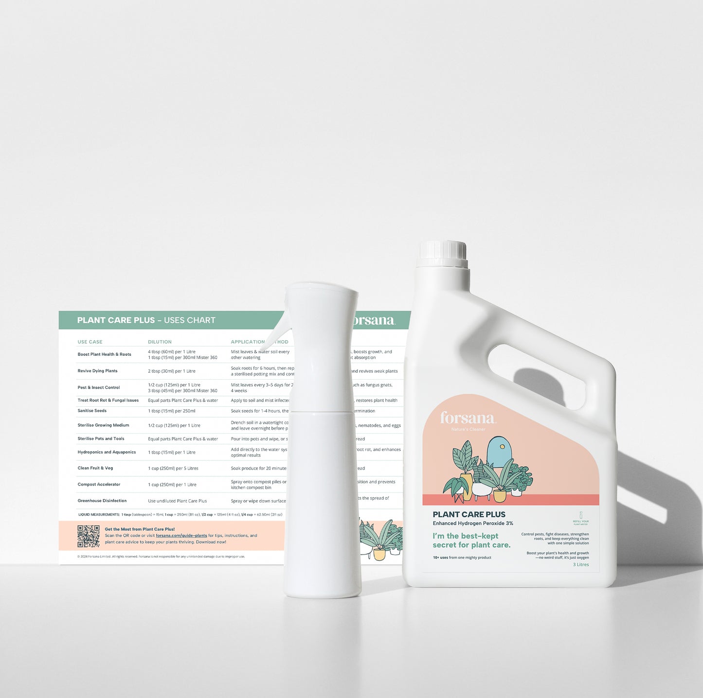 Forsana Plant Care Plus 3 litre bottle with refillable plant mister and uses chart showing dilutions for plant health and pest control