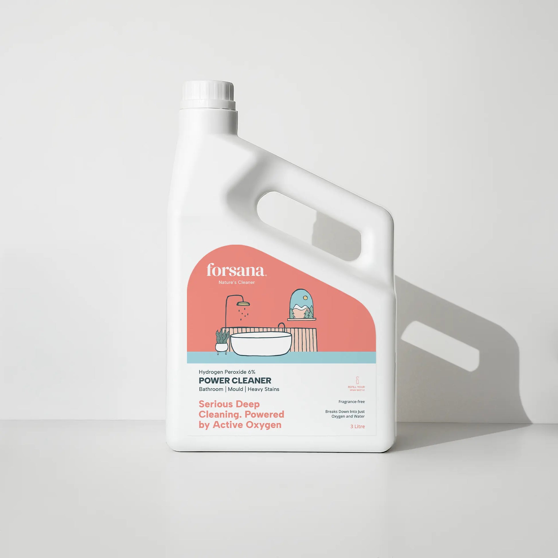 Forsana Power Cleaner, 6 percent
hydrogen peroxide spray bottle,
front view.