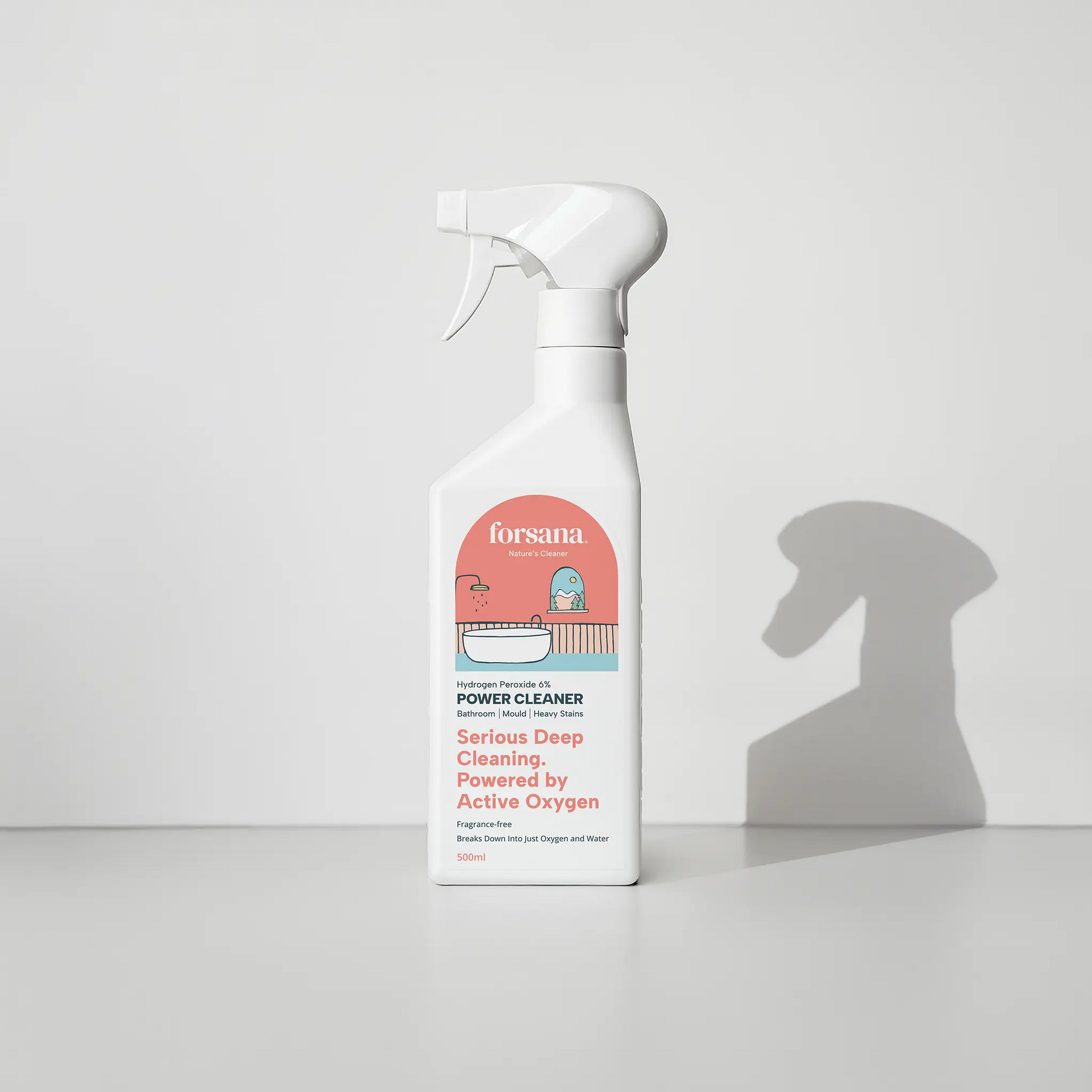 Forsana Power Cleaner, 6 percent
hydrogen peroxide spray bottle,
front view.