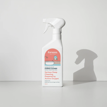 Forsana Power Cleaner, 6 percent
hydrogen peroxide spray bottle,
front view.