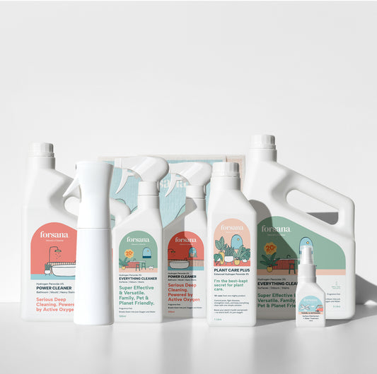 Forsana Ultimate Cleaning and
Plant Care Bundle featuring multiple
hydrogen peroxide spray bottles.