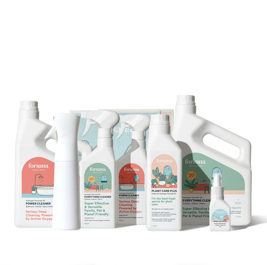 Forsana Ultimate Cleaning and
Plant Care Bundle featuring multiple
hydrogen peroxide spray bottles.
